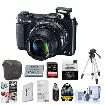 Canon PowerShot G1 X Mark II Digital Camera, 12.8MP, 5x Optical Zoom, - Bundle With 32 GB Class 10 SDHC Card , Camera Case, Spare Battery, New Leaf 3 Years (Drops & Spills) Warranty, Cleaning Kit, Card Reader, Sunpack Tripod, Card Case, Screen Protector,