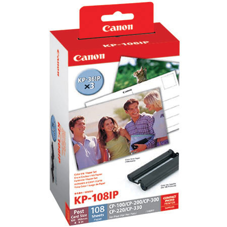 Canon Color Ink Ribbon/ Paper Set KP-108IP for CP-220 /CP-330 Dye Sub Printers (108 Sheets of 4" x 6" Size Paper with Ink). image