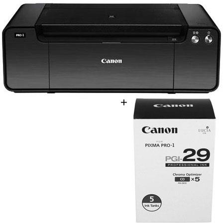 Canon PIXMA PRO-1 Professional Inkjet Printer - Bundle - with PGI-29 Chroma Optimizer Ink Tanks 5 Pack, and SG-201 Photo Paper Plus Semi-Gloss 13x19