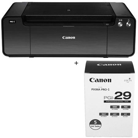 Canon PIXMA PRO-1 Professional Inkjet Printer - Bundle - with PGI-29 Five Monochrome Pack of Ink Tanks, and SG-201 Photo Paper Plus Semi-Gloss 13x19