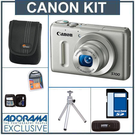 Canon PowerShot S100 Digital Camera Kit - Silver - with 16GB SD Memory Card, Spare NB-5L Type Lithium-ion Battery, Camera Case, Table Top Tripod, Professional L