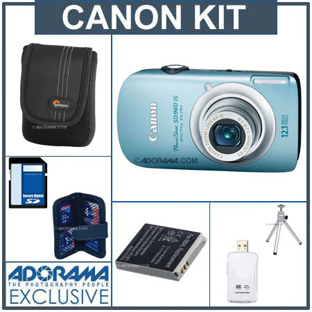 Canon PowerShot SD960 IS Compact Digital ELPH Camera Kit, Blue with 8GB SD Memory Card, Spare NB-4L Type Lithium-ion Battery, Camera Case, USB 2.0 SD Card Reader, Table Top Tripod, Digital Memory Case(4) image