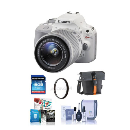 Canon EOS Rebel SL1 DSLR Camera with EF-S 18-55mm f/3.5-5.6 IS STM Lens, White - BUNDLE - with Camera Bag, 16GB Class 10 SDHC Card, Cleaning Kit, 58MM UV Filter