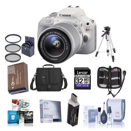 Canon EOS Rebel SL1 DSLR Camera with EF-S 18-55mm f/3.5-5.6 IS STM Lens, White - BUNDLE - with Fashion Camera Case, 32GB Class 10 SDHC Card, Spare LP-E12 Battery, Cleaning Kit, 58MM Filter Kit, Fashion Strap, Card Case, Aluminum Table Top Tripod