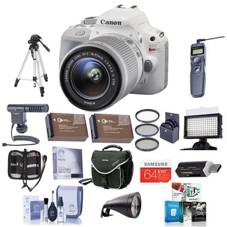 Canon EOS Rebel SL1 DSLR Camera with EF-S 18-55mm f/3.5-5.6 IS STM Lens, White - Bundle With Camera Bag, 32GB Class 10 SDHC Card, Spare LP-E12 Battery, New Leaf 3 Year (Drops & Spills) Warranty, Cleaning Kit, 58MM Filter Kit, Card Case, Aluminum Table Top
