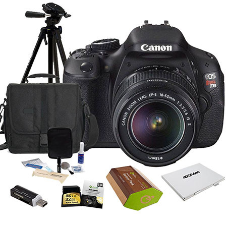 Canon EOS Rebel T3i DSLR Camera/ Lens Kit, with EF-S 18-55mm IS II Lens, 32 GB SD Memory Card, LowePro Camera Bag, Spare LP-E8 Battery, New leaf 3 Year (Spills & Drops) Warranty, USB 2.0 SD Card Reader, Cleaning Kit, Memory Wallet, Sunpack Tripod