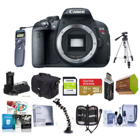 Canon EOS Rebel T5i Digital SLR Camera Body - Bundle - with 32GB SDHC Memory Card, Camera Carrying Case, Newleaf 3 Year (Spills & Drops) Warranty, Spare Battery, Battery Grip, Memory Wallet, Sunpack Tripod, Lens Cleaning Kit