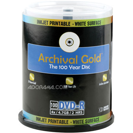 Delkin DVD-R Archival Gold with Inkjet Printable Face, 4.7 GB, 100 Pack with Cakebox Spindle image