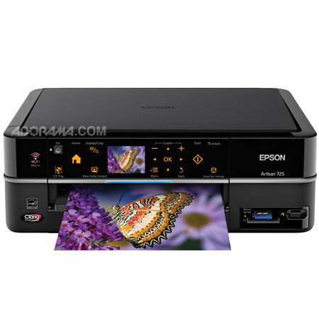 Epson Artisan 725 Wireless All-in-One 8.5" Wide Inkjet Printer, 5760 x 1440 dpi, Print/Copy/Scan/Photo, PictBridge, Ethernet, USB 2.0, CD / DVD Printing image