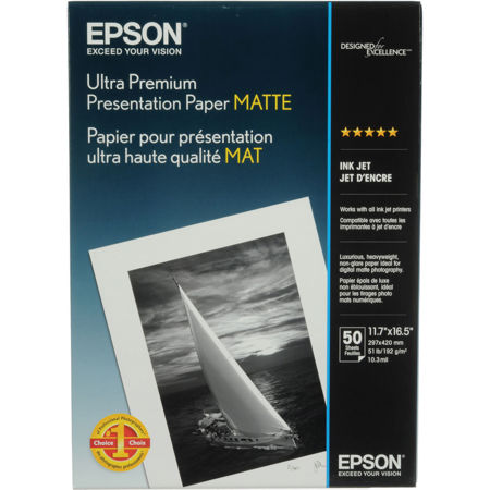 Epson Ultra Premium Presentation Flat Matte Bright White Inkjet Paper, A3 Size, 11.7" x 16.5", 50 Sheets image