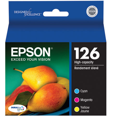 Epson 126 Combo-Pack Ink Cartridges are for use with Epson WorkForce 520, 630, 633 and 635 all-in-one printers. The package contains cyan, magenta, yellow DURAB