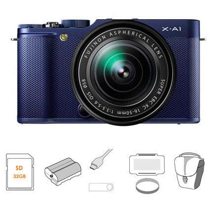 Fujifilm X-A1 Mirrorless Digital Camera with 16-50mm Lens, Blue - Bundle with Spare Battery, Pro Optic Pro Digital 58mm MC Filter, Lexar 32GB Class 10 200x SDHC Card, 6' HDMI Cable, Mini Multi-Card Reader, 4-Slot Bi-Fold Memory Card Holder, & Adorama Slin