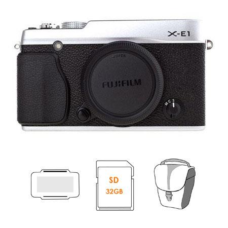Fujifilm X-E1 Mirrorless Digital Camera Body, 16.3 MP, Silver - Bundle - with Adorama Slinger Bag, Single Strap, Black, SanDisk 32GB, Class 10 Extreme SD Card, Memory Card Holder & Spare Li-Ion Rechargeable Battery