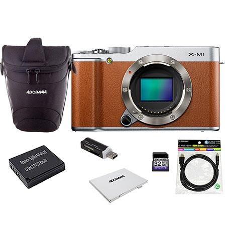 Fujifilm X-M1 Mirrorless Digital Camera Body, Brown - Bundle with Spare Battery, Lexar 32GB Class 10 200x SDHC Card, 6' HDMI Cable, Mini Multi-Card Reader, 4-Slot Bi-Fold Memory Card Holder, and Adorama Slinger Bag, Black