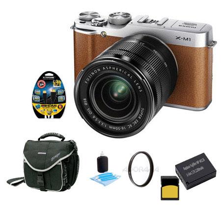 Fujifilm X-M1 Mirrorless Digital Camera Body with XC 16-50mm F3.5-5.6 OIS Lens - Brown - Bundle With Slinger Camera Bag, 32GB Class 10 SDHC Card, Spare NP-W126 Battery, Cleaning Kit, 6 Foot HDMI Cable, 58MM UV Filter