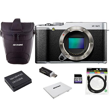 Fujifilm X-M1 Mirrorless Digital Camera Body, Silver - Bundle with Spare Battery, Lexar 32GB Class 10 200x SDHC Card, 6' HDMI Cable, Mini Multi-Card Reader, 4-Slot Bi-Fold Memory Card Holder, and Adorama Slinger Bag, Black