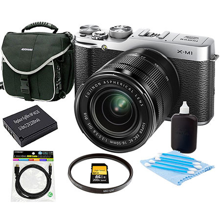 Fujifilm X-M1 Mirrorless Digital Camera Body with XC 16-50mm F3.5-5.6 OIS Lens - Silver - Bundle With Slinger Camera Bag, 32GB Class 10 SDHC Card, Spare NP-W126 Battery, Cleaning Kit, 6 Foot HDMI Cable, 58MM UV Filter