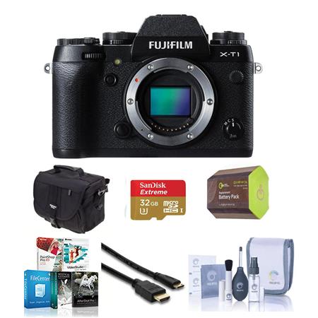 Fujifilm X-T1 Mirrorless Digital Camera Body, Black - Bundle With Spare NP-W126 Battery, 32GB Class 10 SDHC Card, Slinger camera Bag, Cleaning Kit, Mini HDMI Cable 6-FT, Sandisk 16GB Memory Vault