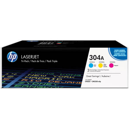 HP 304A Tri-pack Cyan/Magenta/Yellow LaserJet Toner Cartridges with ColorSphere Toner