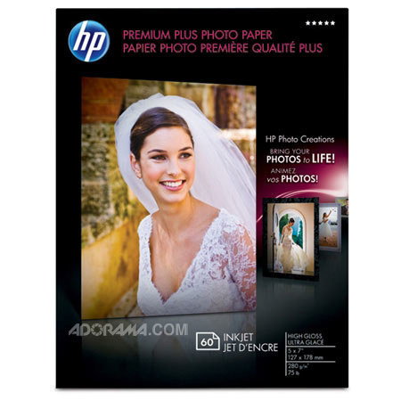 HP Premium Plus High Gloss Photo Inkjet Paper, 11.5 mil., 5x7", 60 Sheets