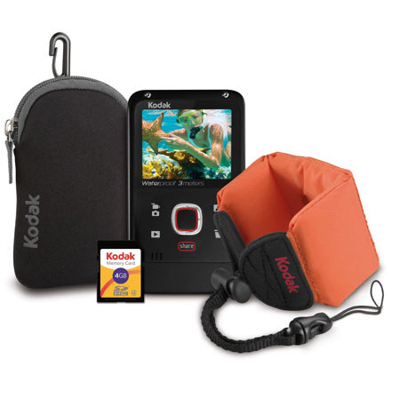 Kodak PLAYFULL Ze2 Black Bundle, includes Waterproof Video Camera, Floating Wrist strap, 4GB Memory Card, Neoprene case, User Guide, and Arcsoft Media Impressio