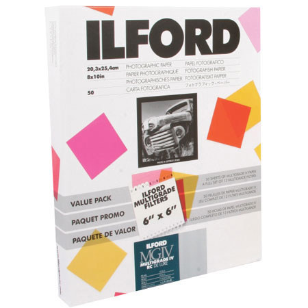 Ilford Multigrade Filter Value Pack - 6" x 6" Filters with 50 Sheets 8" x 10" Multigrade IV RC Deluxe Resin Coated VC Black &amp; White Enlarging Paper, Pearl Surface image