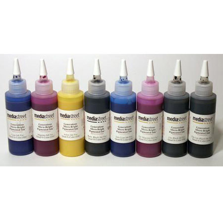 Media Street Generations (G8) Quad-N-Color Set of 8 Filled 4 oz. Bulk Bottles, with Matte Black Ink, for Epson R2400 Inkjet Printer