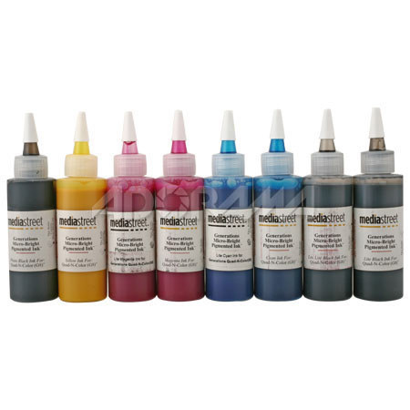 Media Street Generations (G8) Quad-N-Color Set of 8 Filled 4 oz. Bulk Bottles, with Photo Black Ink, for Epson R2400 Inkjet Printer