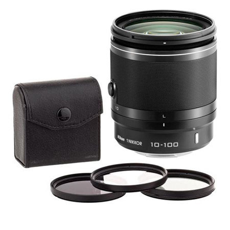 Nikon 1 10-100mm f/4.0-5.6 VR Lens for Mirrorless Camera, Black, USA Warranty - Bundle With 55mm Filter Kit (UV/CPL/ND2)