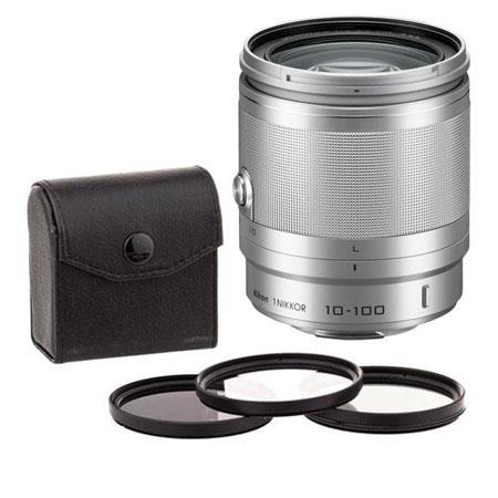 Nikon 1 10-100mm f/4.0-5.6 VR Lens for Mirrorless Camera, Silver, USA Warranty - Bundle With 55mm Filter Kit (UV/CPL/ND2)