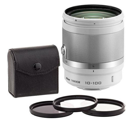 Nikon 1 10-100mm f/4.0-5.6 VR Lens for Mirrorless Camera, White, USA Warranty - Bundle With 55mm Filter Kit (UV/CPL/ND2)