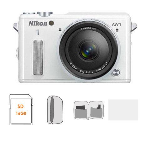 Nikon 1 AW1 Waterproof Mirrorless Digital Camera with AW 11-27.5mm f/3.5-5.6 Lens, White - BUNDLE - with 16GB Class 10 SDHC Card, Camera Case, Lens Cleaning Kit, and 3.0
