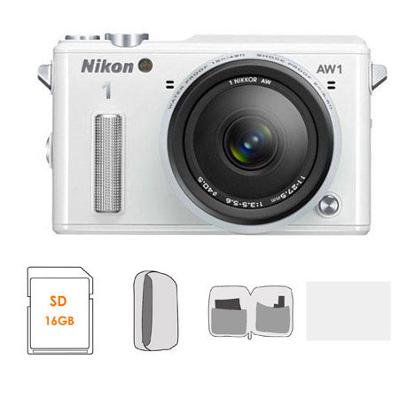 Nikon 1 AW1 Waterproof Mirrorless Digital Camera with AW 11-27.5mm f/3.5-5.6 Lens, White - BUNDLE - with 16GB Class 10 SDHC Card, Camera Case, Lens Cleaning Kit, and 3.0