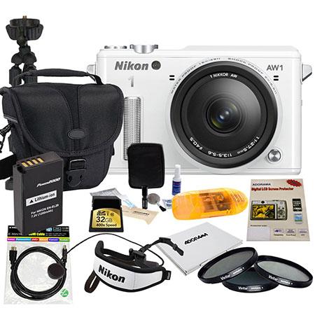 Nikon 1 AW1 Waterproof Digital Camera with 1 Nikkor AW 11-27.5mm f/3.5-5.6 Lens, White - BUNDLE - with 32GB Card, Filter Kit (UV/CP/ND8) , 6' Mini HDMI Cable, Spare Battery, USB2 Card Reader, Camera Case, Hand Strap, Flexible Tripod, LCD Protector, Mem Ca
