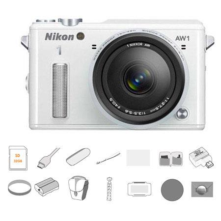 Nikon 1 AW1 Waterproof Camera with AW 11-27.5mm Lens, White - BUNDLE -with 32GB Card, Filter Kit (UV/CP/ND8) , WU-1b Mobile Adapter, 6' HDMI Cable, Spare Battery, Card Reader, Case, Hand Strap, Table Top Tripod, LCD Protector, Mem Card Wallet, Cleaning Ki