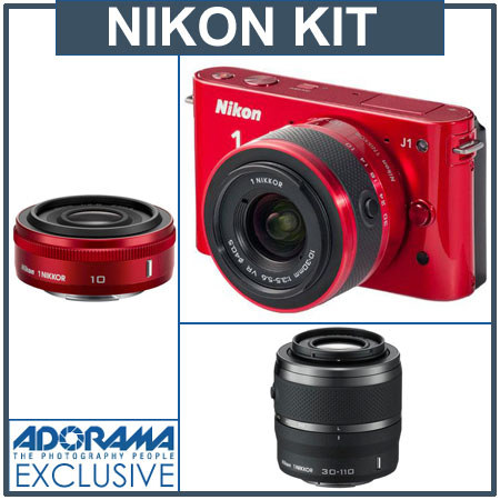 Nikon 1 J1 Mirrorless Digital Camera Two-Lens Wide Angle Kit with Nikon 1 10mm f/2.8 Lens & Nikon 1 10-30mm VR Zoom Lens, Red - Bundle with Nikon 1 Nikkor 3