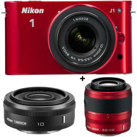 Nikon 1 J1 Mirrorless Digital Camera Lens Zoom Kit with Nikon 1 10-30mm VR Zoom Lens and Nikon 1 30-110mm VR Zoom Lens - Red & Nikon 10mm f/2.8 Lens,Black -