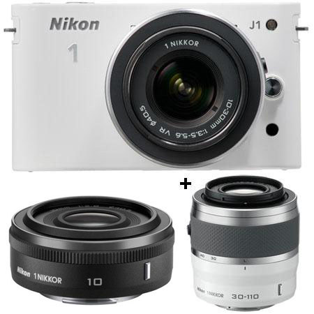 Nikon 1 J1 Mirrorless Digital Camera Lens Zoom Kit with Nikon 1 10-30mm VR Zoom Lens and Nikon 1 30-110mm VR Zoom Lens - White & Nikon 10mm f/2.8 Lens - Bla