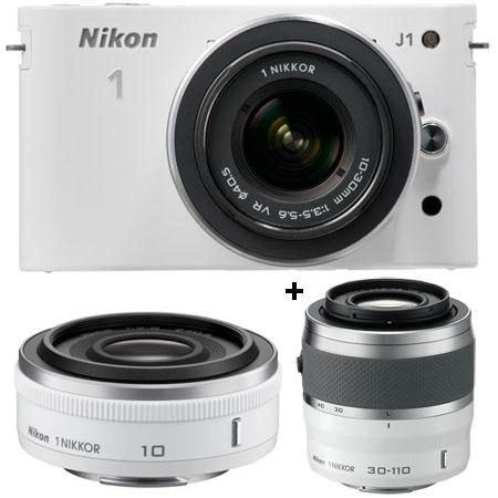 Nikon 1 J1 Mirrorless Digital Camera Lens Zoom Kit with Nikon 1 10-30mm VR Zoom Lens and Nikon 1 30-110mm VR Zoom Lens, White & 1 Nikkor 10mm f/2.8 Lens Whi