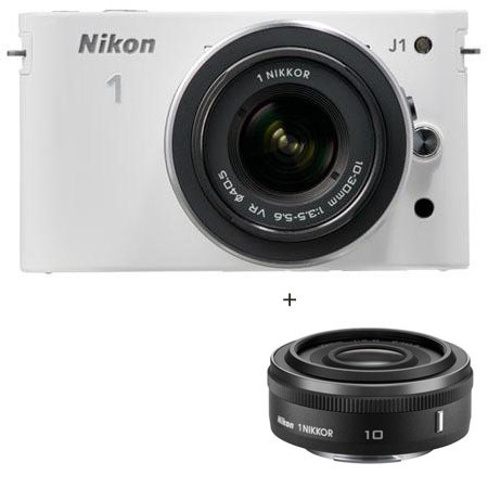 Nikon 1 J1 Mirrorless Digital Camera with Nikon 1 10-30mm VR Zoom Lens - White & Nikon 10mm f/2.8 Lens, Black - Includes: Free Nikon Bag and a 32GB Memory C