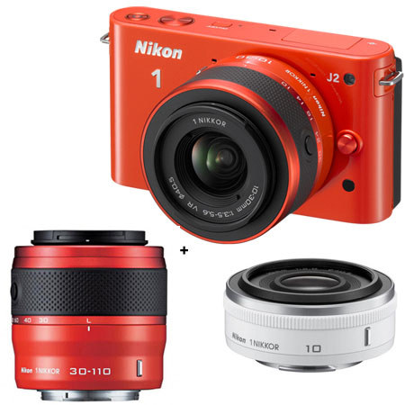 Nikon 1 J2 Mirrorless Digital Camera Two Lens Zoom Kit with Nikon 1 10-30mm VR Zoom Lens and Nikon 1 30-110mm VR Zoom Lens, Orange - Bundle with Nikon 1 Nikkor 