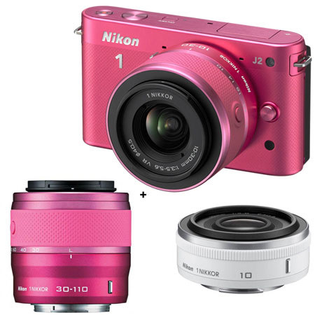 Nikon 1 J2 Mirrorless Digital Camera Two Lens Zoom Kit with Nikon 1 10-30mm VR Zoom Lens and Nikon 1 30-110mm VR Zoom Lens, Pink, Bundle - with Nikon 1 Nikkor 1