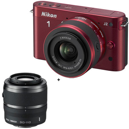 Nikon 1 J2 Mirrorless Camera with 10-30mm (2.7x) Lens, Red - Bundle - with Nikon 1 Nikkor 30-110mm f/3.8-5.6 VR Lens - Black