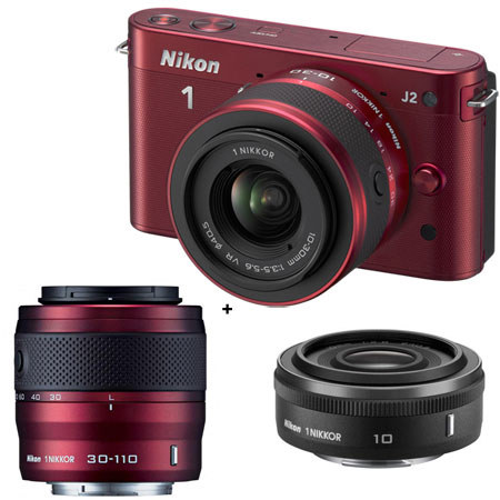 Nikon 1 J2 Mirrorless Digital Camera 2-Lens Zoom Kit with Nikon 1 10-30mm VR Zoom Lens and Nikon 1 30-110mm VR Zoom Lens, Red - Bundle with Nikon 1 Nikkor 10mm 