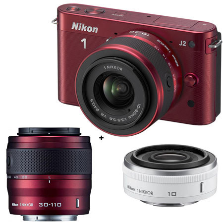 Nikon 1 J2 Mirrorless Digital Camera 2-Lens Zoom Kit with Nikon 1 10-30mm VR Zoom Lens and Nikon 1 30-110mm VR Zoom Lens, Red - Bundle with Nikon 1 Nikkor 10mm 