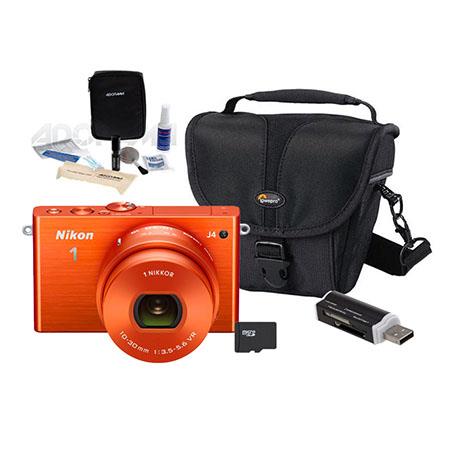 Nikon 1 J4 Mirrorless Digital Camera, Orange with 10-30mm VR Lens, 18.4MP, - Bundle With 16GB Micro SDHC Card, Camera holster Case, Cleaning Kit, Card Reader