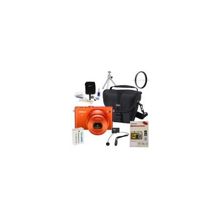 Nikon 1 J4 Mirrorless Digital Camera with 10-30mm VR Lens, 18.4MP, Orange - Bundle With 32GB Micro SDHC Card, Camera holster Case, Spare Battery, Cleaning Kit, Screen Protector, Table Top Tripod, Capleash II, Card Reader