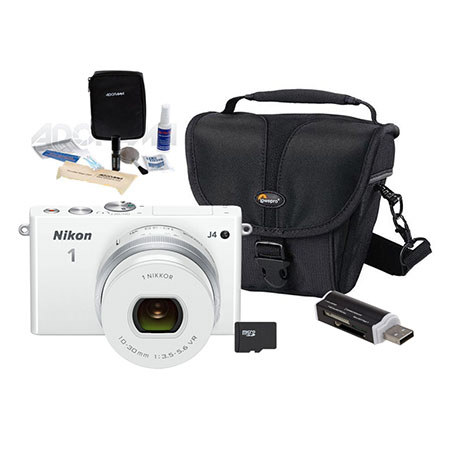 Nikon 1 J4 Mirrorless Digital Camera, White with 10-30mm VR Lens, 18.4MP, - Bundle With 16GB Micro SDHC Card, Camera holster Case, Cleaning Kit, Card Reader