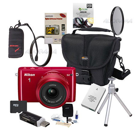 Nikon 1 S2 Mirrorless Digital Camera with 11-27.5mm Lens, 14.2MP, RED - Bundle With Camera Case, 32GB Class 10 SDHC Card, Spare Battery, New Leaf 3 Year (Drops & Spills) Warranty, 405MM UV Filter, 40.5MM CPL Filter, Card Case, Table Top Tripod, Screen Pro