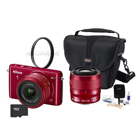 Nikon 1 S2 Mirrorless Digital Camera with 11-27.5mm & 30-110mm Lenses, Red - Bundle With Camera Case, 16GB Micro SD Card, 2- 40.5MM UV FIlter, Cleaning Kit